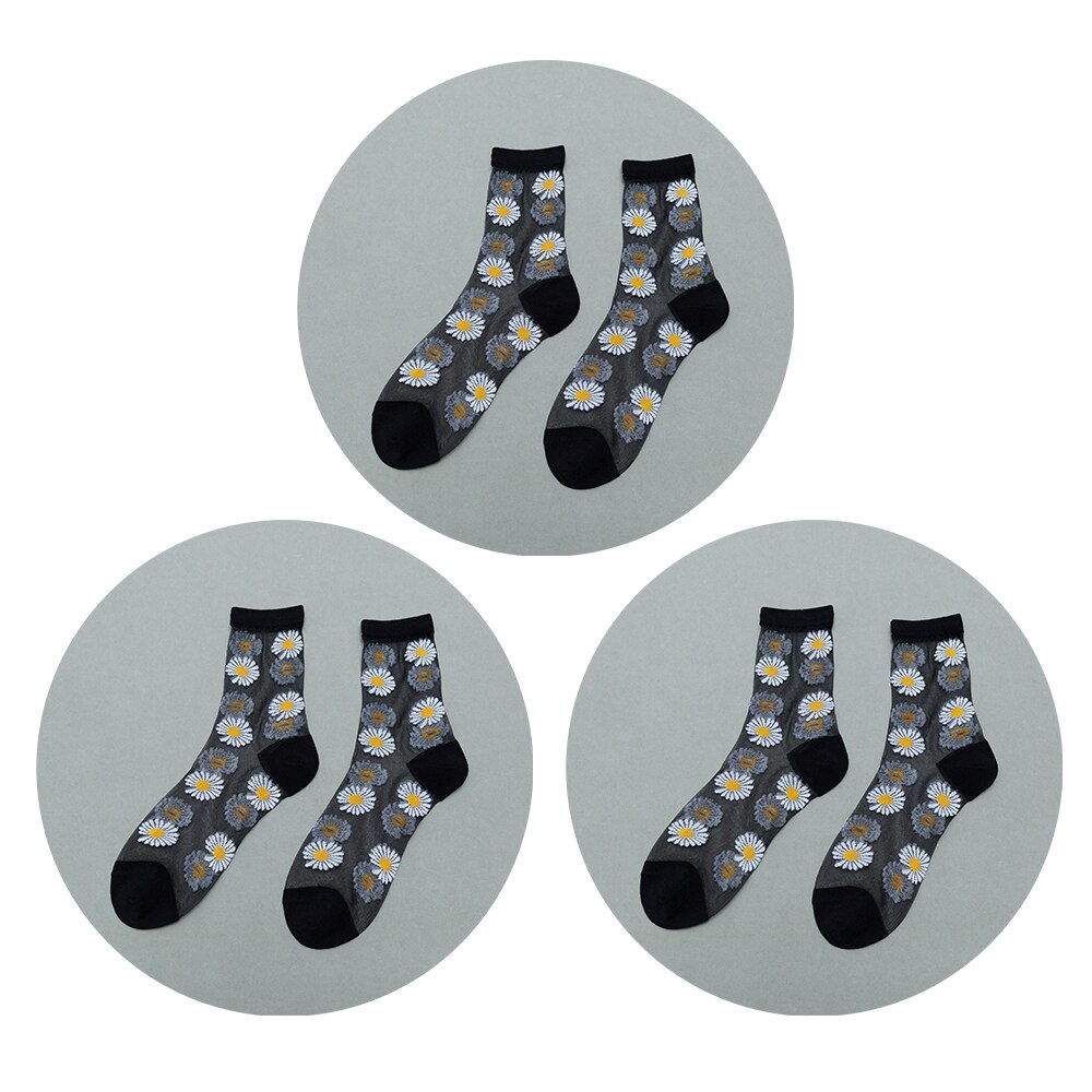 3 paia di calze floreali da donna calze estive in cristallo di cristallo calze elastiche Jacquard trasparenti sottili a tubo corto medio: WHITE
