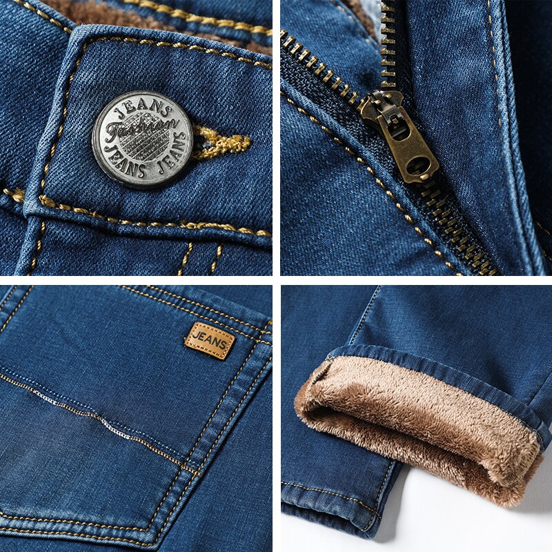 Höst vinter sammet blå svart fleece elastiska jeansbyxor manligt märke byxor