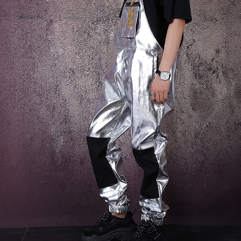 Men Hip Hop Punk Streetwear Silver Leather Overalls Jumpsuit Pant Male Women Casual Bib Pant Harem Trouser Stage Costume: XL