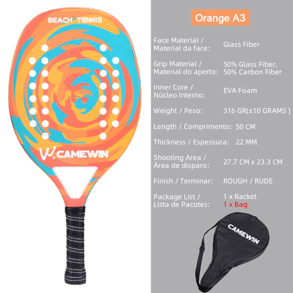 CAMEWIN-Raqueta de carbono y cristal para playa, Raqueta de tenis, ligera, suave, EVA, Unisex: Orange A3