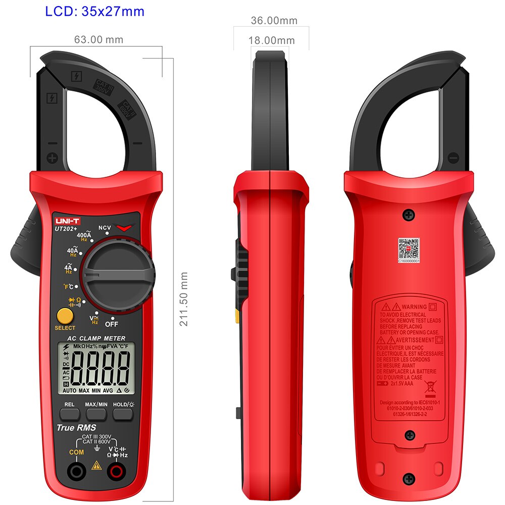 UNI-T UT201+ Digital Clamp Meter UT202+ UT203+ UT204+ UT202A+ 400-600A True RMS Automatic Range High Precision Multimeter Tester