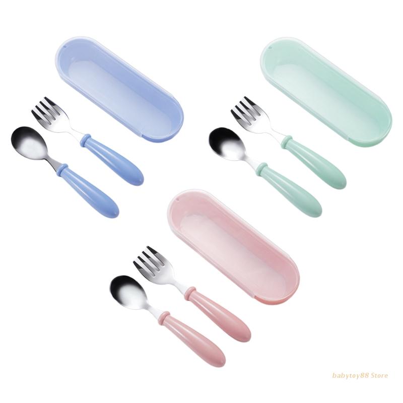 Y4UD 6pcs Toddler Stainless Steel Untensils Set Children Safe Flatware Food Feeding Fork Spoon Cutlery with Travel Case