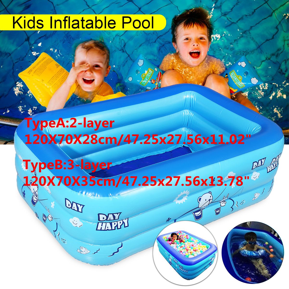 120cm 2/3 lags oppustelig firkantet swimmingpool børn oppustelig pool badekar baby børnehjem udendørs stor swimmingpool