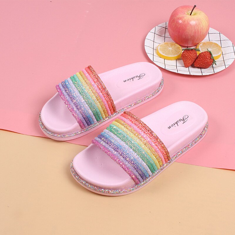Regenboog Platte Slippers Vrouwen Bling Kleurrijke Zomer Schoenen Antislip Zachte Outdoor Strand Meisjes Slides Thuis Schoenen Dames Sandaal: Pink / 6.5
