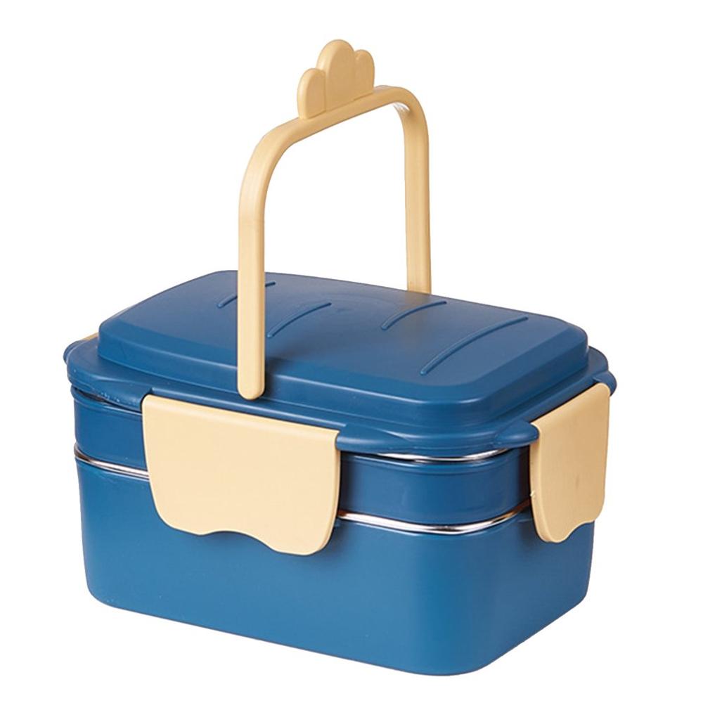 Double-Layer Lunchbox Rvs Food Storage Container Draagbare Lekvrije Silicone Ring Lunchbox Cartoon Servies: blue