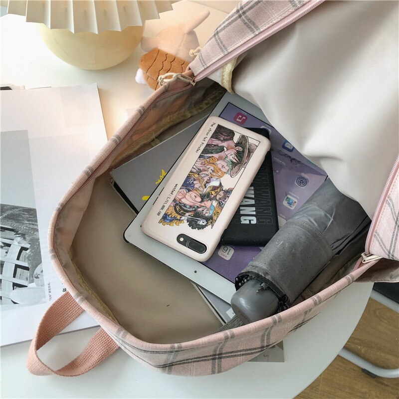 Dcimor Grande Capacidade Multi-Bolso Algodão E Linho Mochila Feminina Estilo Preppy Xadrez Mochila Estudante Universitário
