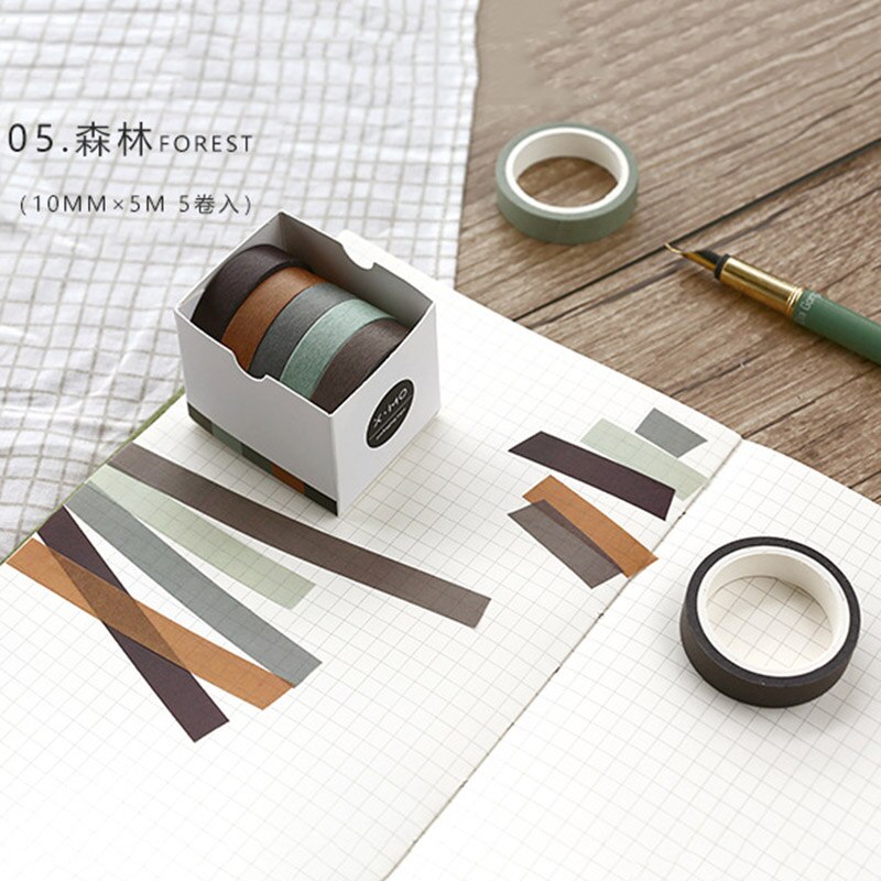 5pcs /set Adhesive Masking Scrapbooking Sticker Washi Tape Solid Rainbow colors: Forest