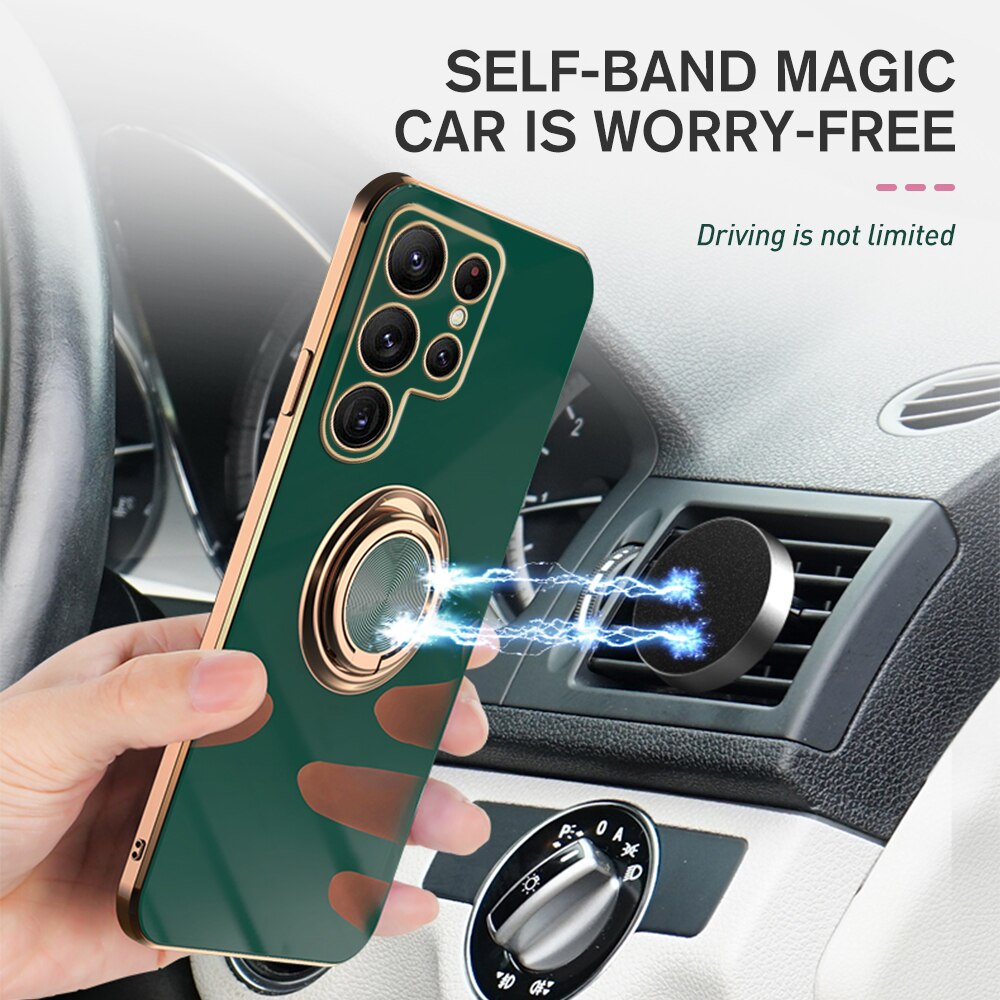Luxury Plating Protector Case For Samsung Galaxy S22 Ultra S22Ultra S22Plus S 22 Car Magnetic Stand Shockproof Back Cover Coque