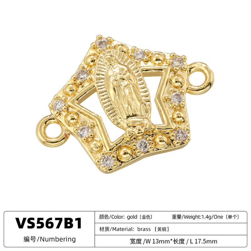 ZHUKOU-Colgante católico de la Virgen María de latón chapado en oro, manualidades con agujeros dobles, accesorios para collar y pulsera DIY