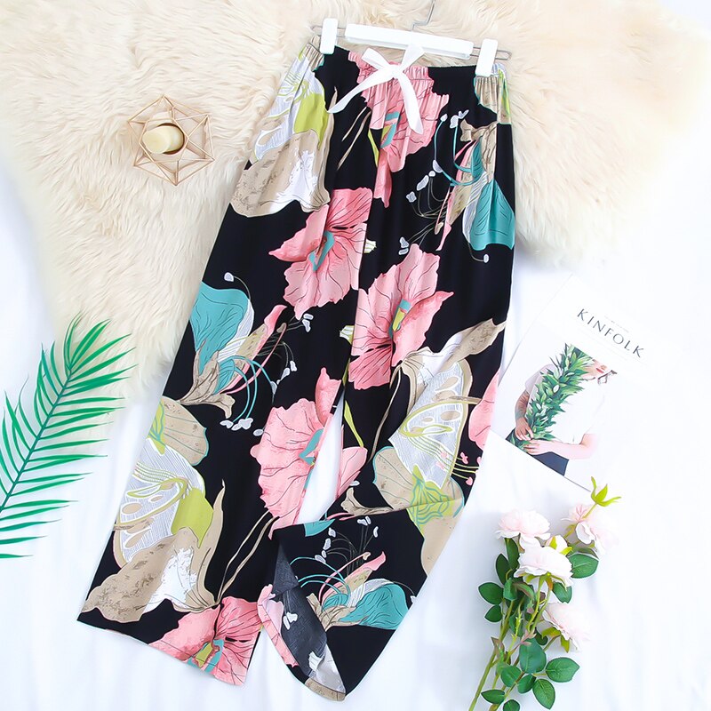 Pantalon en coton respirant pour femmes, imprimé Floral, jambes larges, cordon de serrage, vêtements de maison, Long, été: 18