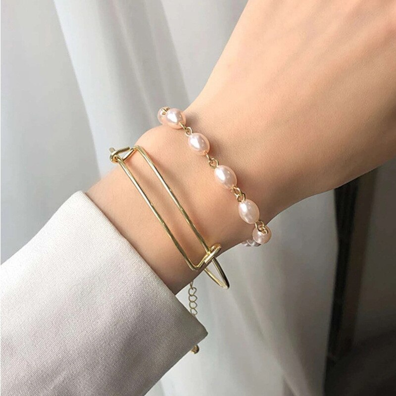 2Pcs Trendy Imitatie Parel Armbanden Armbanden Voor Vrouwen Meisjes Multilayer Goud Metalen Armband Sieraden: Default Title