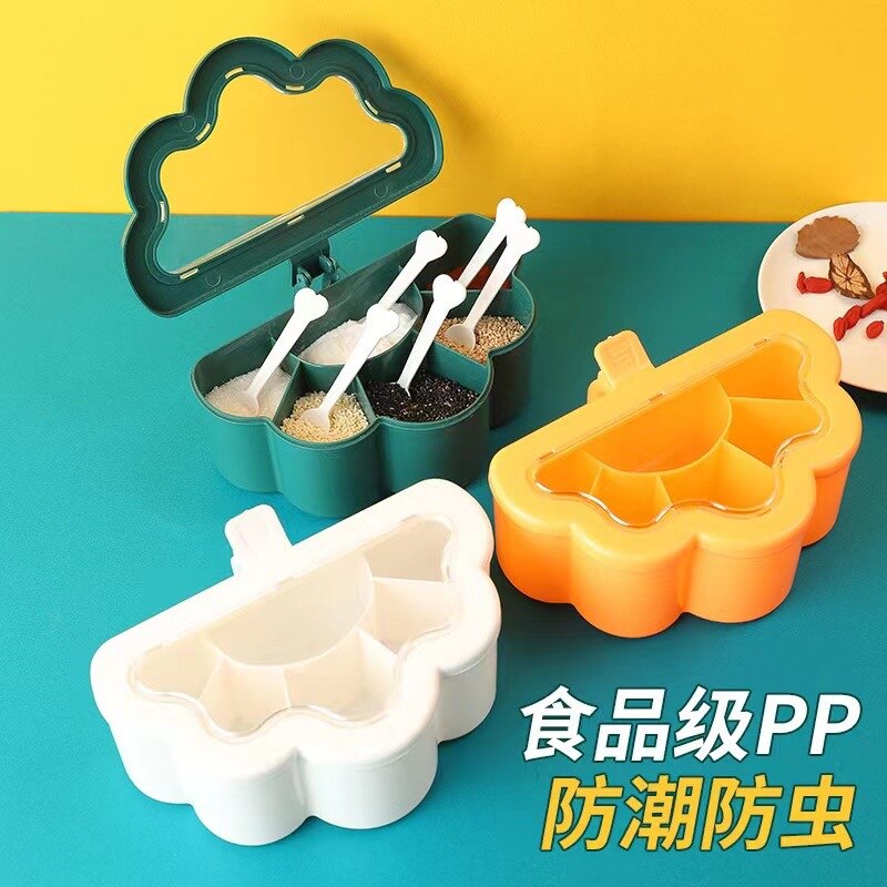 Seasoning Box Kitchen Household Compartment Jar Six-combination Spice Salt Jar Sugar Monosodium Glutamate with Spoon Storage Box