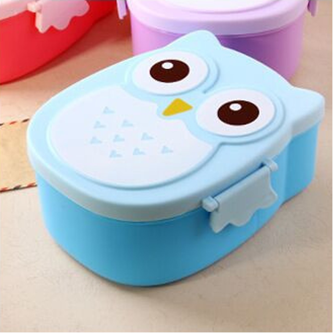 Cute 2 Layer Cartoon Owl Lunchbox Bento storage for rice Fruit Storage Microwave Plastic Storage box Cutlery Set Fiambrera: blue
