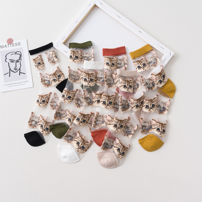 Femmes Transparent mignon chat chaussettes Kawaii dames japonaise coréenne à la été mince cristal soie chaussette en Fiber de verre bas