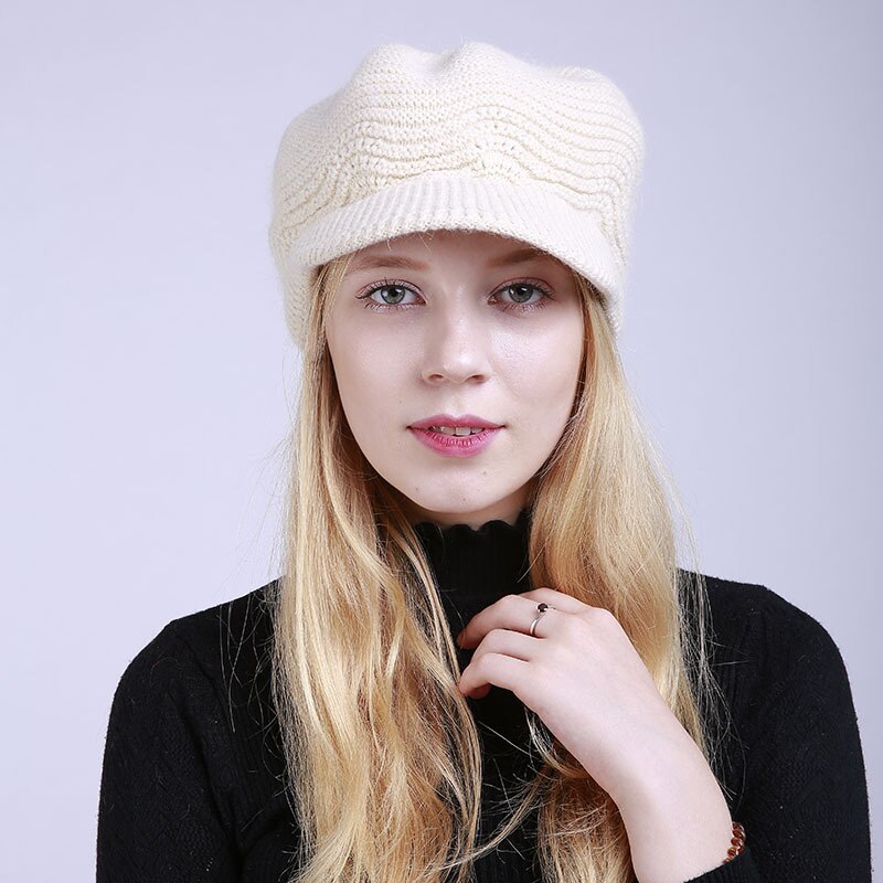 Autumn Winter Brim Wool Hat Solid Color Soft Beanie Female Women Warm Fleece Inside Knitted Visors Cap: Beige