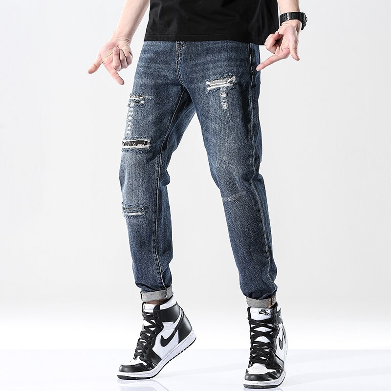 Ripped Jeans For Men Loose Fit 100% Cotton Distressed High Street Moto & Biker Jeans Man Hip Hop Denim Men's Trousers Patchwork