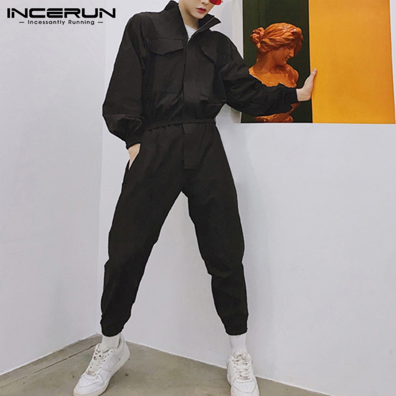 Mænd jumpsuit jogger lynlåse solide afslappede lange ærmer bukser hip-hop streetwear bukser mænd cargo overalls incerun