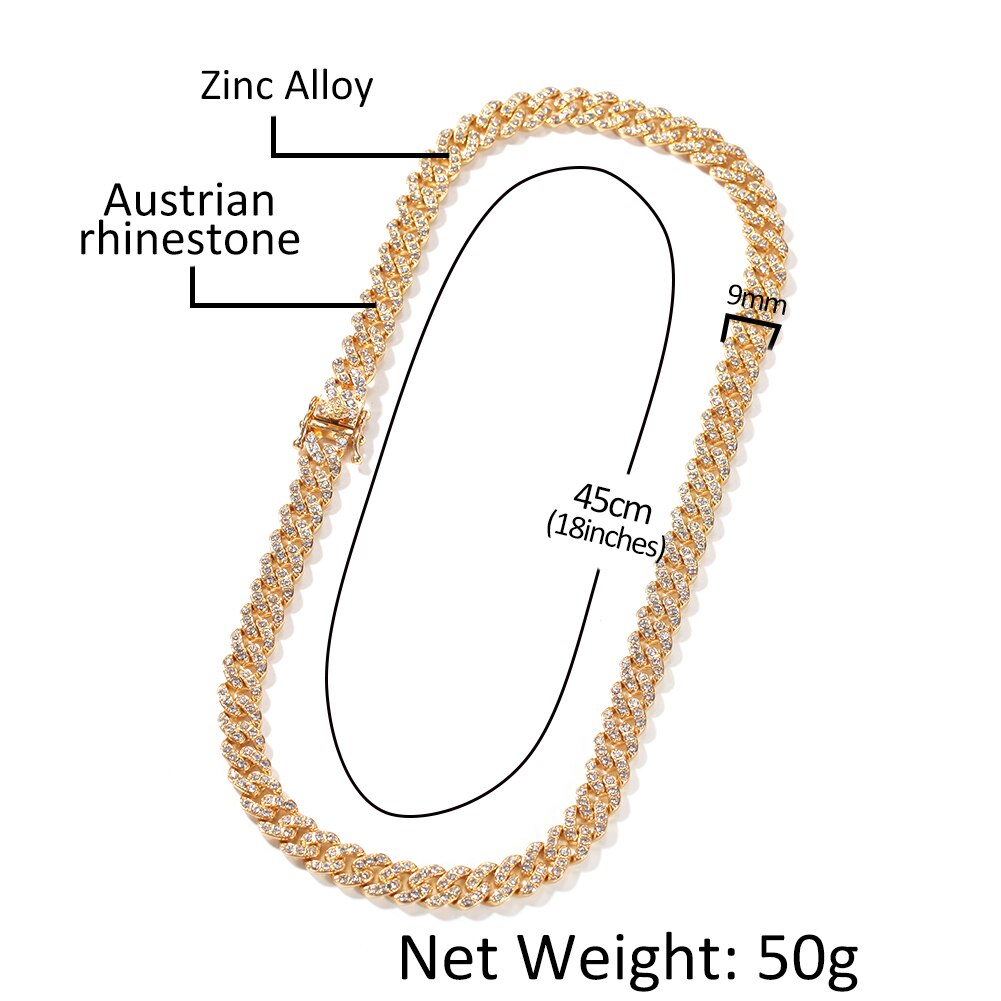 Uwin 9Mm Miami Link Rhinestone Cubaanse Ketting Volledige Iced Out Punk Bling Charm Hip Hop Sieraden Statement Ketting