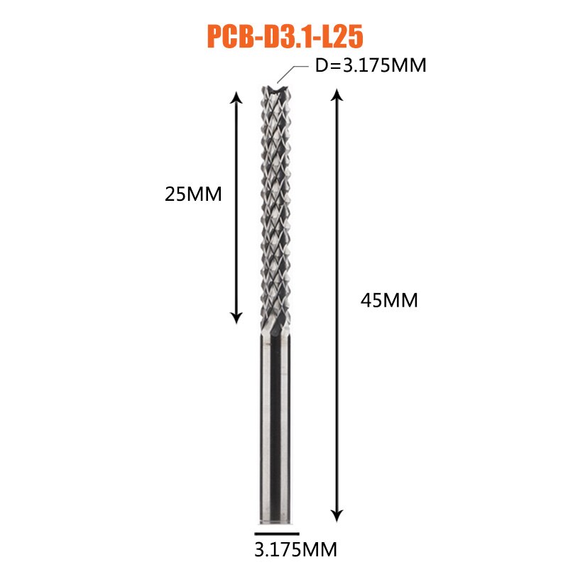 Vhm Corn End Mill Frees Bits D0.8, 1.0, 1.6, 1.8, 2.4, 3.1 Pcb End Mill Cnc Snijden Frezen: 1pc-D3.1-25-D3.175