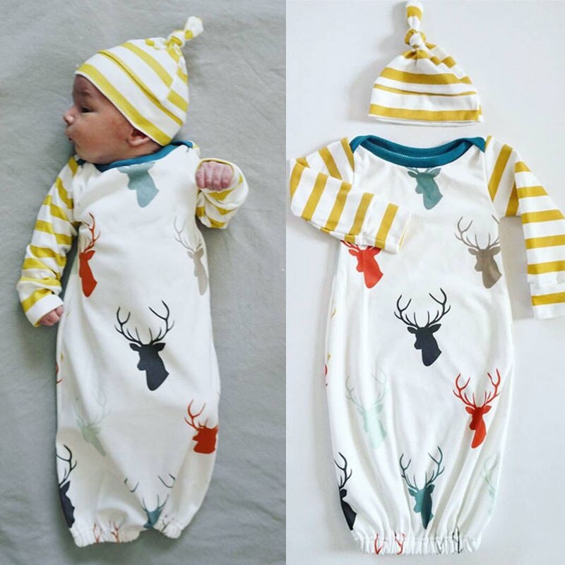 Neugeborenen Baby Mädchen Jungen Schlafanzug Schlaf Frauen-roben Beiläufige Nachtwäsche + Hütte Nette Hirsch Outfits Baby Jungen 0-12 Mt: 4-6 Monate