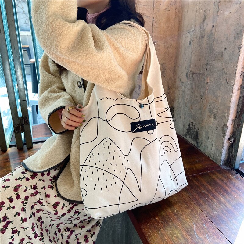 Koreanische einfache illustrationen, große schultertasche für damen, einkaufstasche aus umweltfreundlichem Segeltuch, baumwollstoff, große einkaufstasche für reisen
