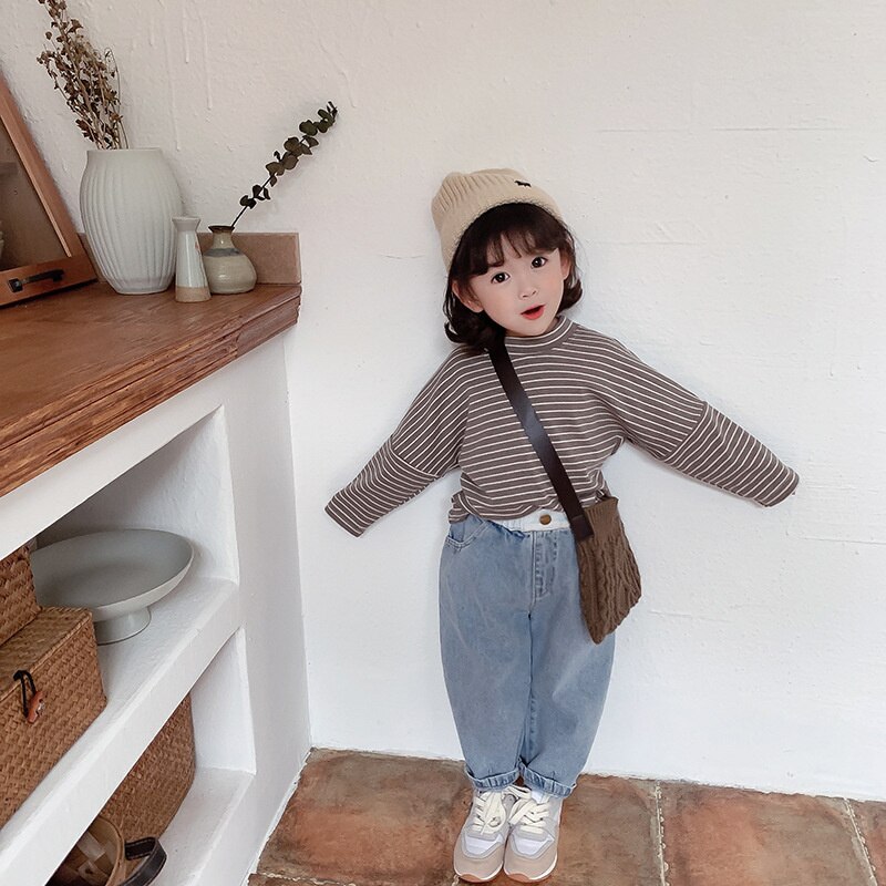 Primavera autunno neonate moda schiena a forma di cuore tasca All-match Jeans bambini bambini Patchwork vita pantaloni Casual in Denim