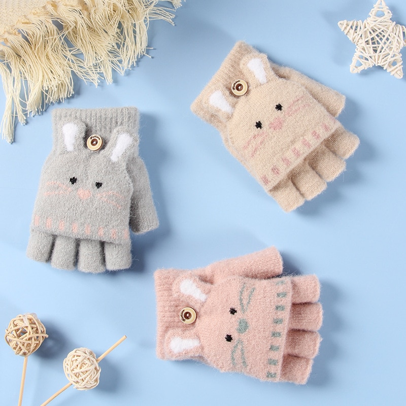 Gants doux tricotés avec des animaux de dessin animé pour bébés, pour filles et garçons, à rabat, mitaines chaudes sans doigts pour enfants, automne et hiver