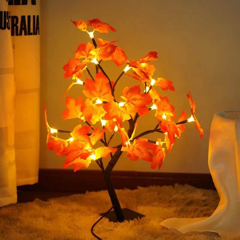 24 LED hoja de arce Hada luz flor árbol lámpara de mesa Rosa luz de noche USB operado para boda decoración de Halloween