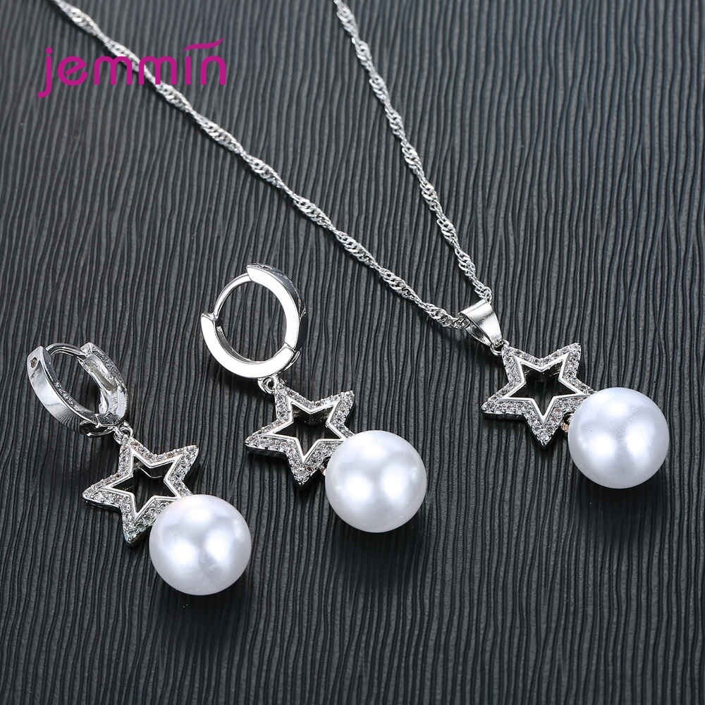 Vrouwen Verklaring 925 Sterling Silver Shimmer Sieraden Sets Parel Kubieke Zirkoon Kettingen Vijfpuntige Ster Doorstoken Oorbellen