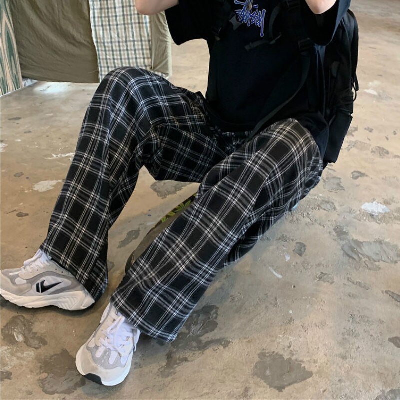 Pantalones a cuadros negros para mujer, ropa de calle Retro Harajuku para estudiantes, pantalón de pierna ancha de longitud completa, , Popular, Unisex, nueva