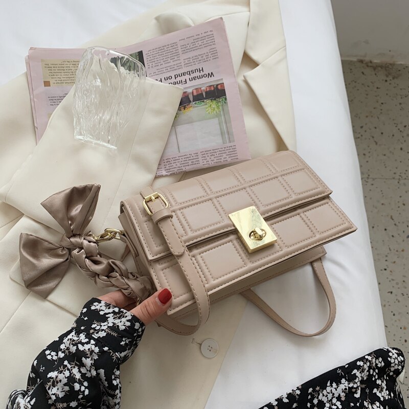 Small Lattice PU Leather Crossbody Bags for Women Summer Luxury Trendy Chain Travel Shoulder Handbags and Purses: apricot