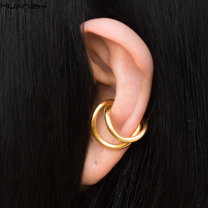 HUANZHI Geometric Irregular Double Layer Metal Curve Line Single Brass Ear Bone Clip No Piercing Couple Earrings