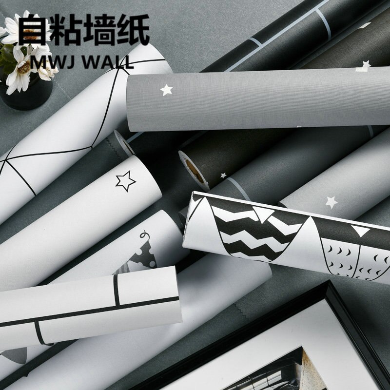 Nordic simple black and white cartoon simple self-adhesive waterproof PVC wallpaper bedroom dormitory wallpaper