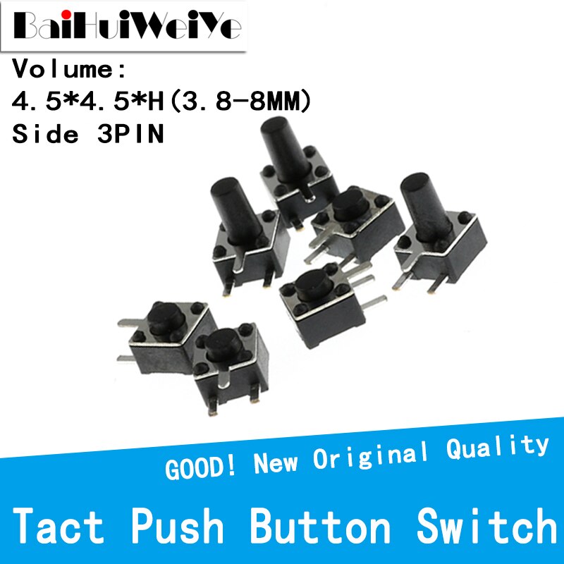 Interrupteur à bouton-poussoir momentané à 3 broches, 50 pièces/lot, 4.5x4.5mm, Micro-interrupteur pour TV/usage domestique, 4.5x4.5x3.8 4.3 5 6 7 8 MM