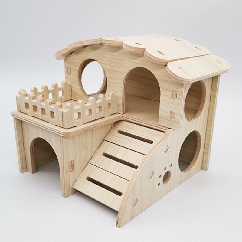 J2FB Hamster Wooden Hideout House Pet Rats Climbing Play Hut Villa Hideaway Room for Dwarf Gerbil Small Animals