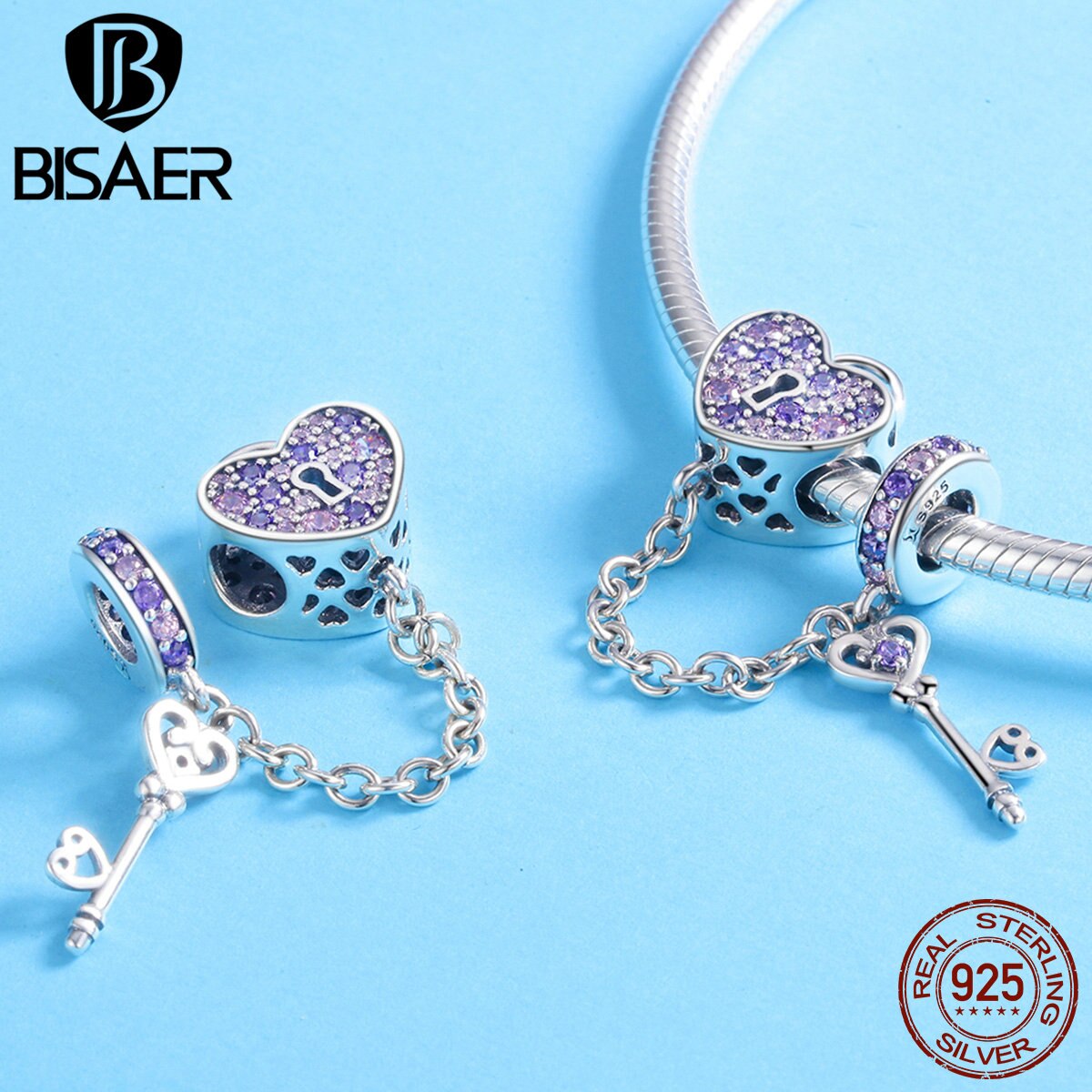 BISAER réel 925 argent Sterling clé serrure de coeur breloques rose CZ coeur perles ajustement pour les femmes Bracelet bijoux à bricoler soi-même faisant ECC772