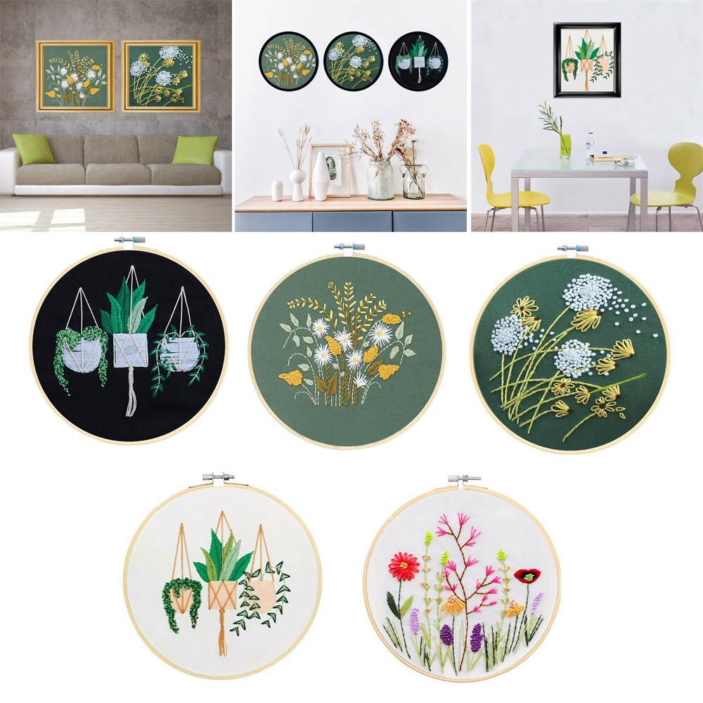 DIY Stamped Embroidery Starter Kit With Flowers Plants Pattern Embroidery Cloth Color Threads Tool Kit Handmade Embroidery