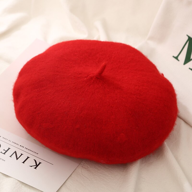 21 Kleuren Lady Herfst Winter Baret Hoed Schilder Hoed Vrouwen Wol Vintage Baretten Effen Kleur Caps Vrouwelijke Motorkap Warme Wandelschoenen cap: Rood
