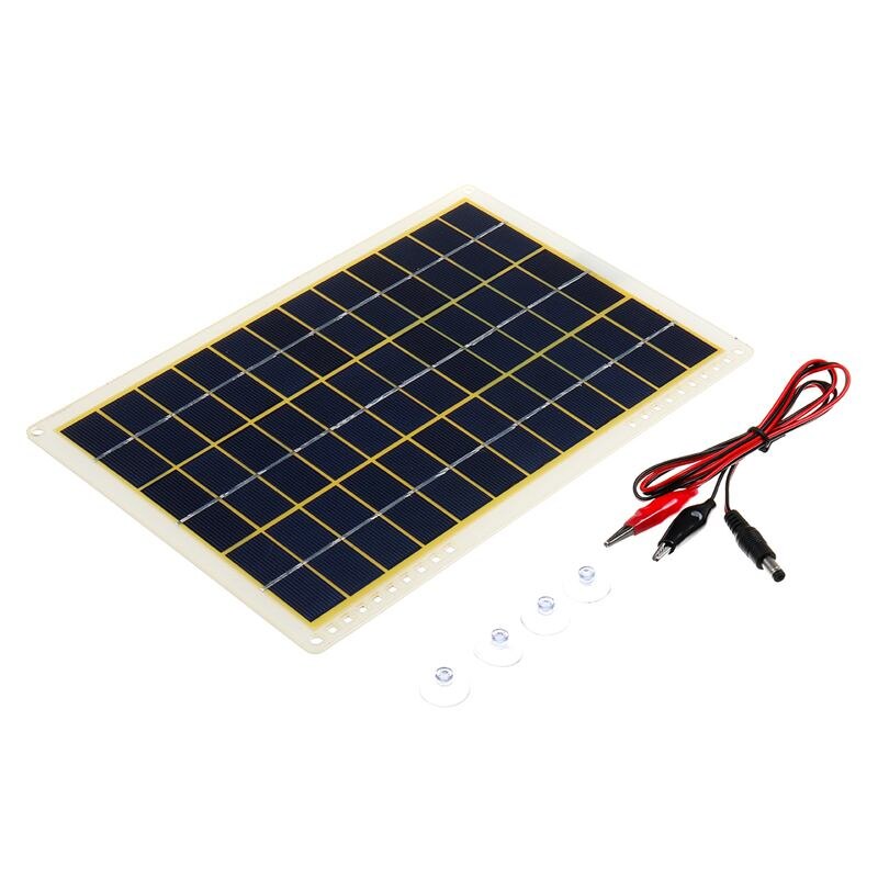 Waterproof Solar Panel 15W 12V Polycrystalline Solar Panel with Line Clip 4X Suction Cups for Outdoor Camping Emergency Light