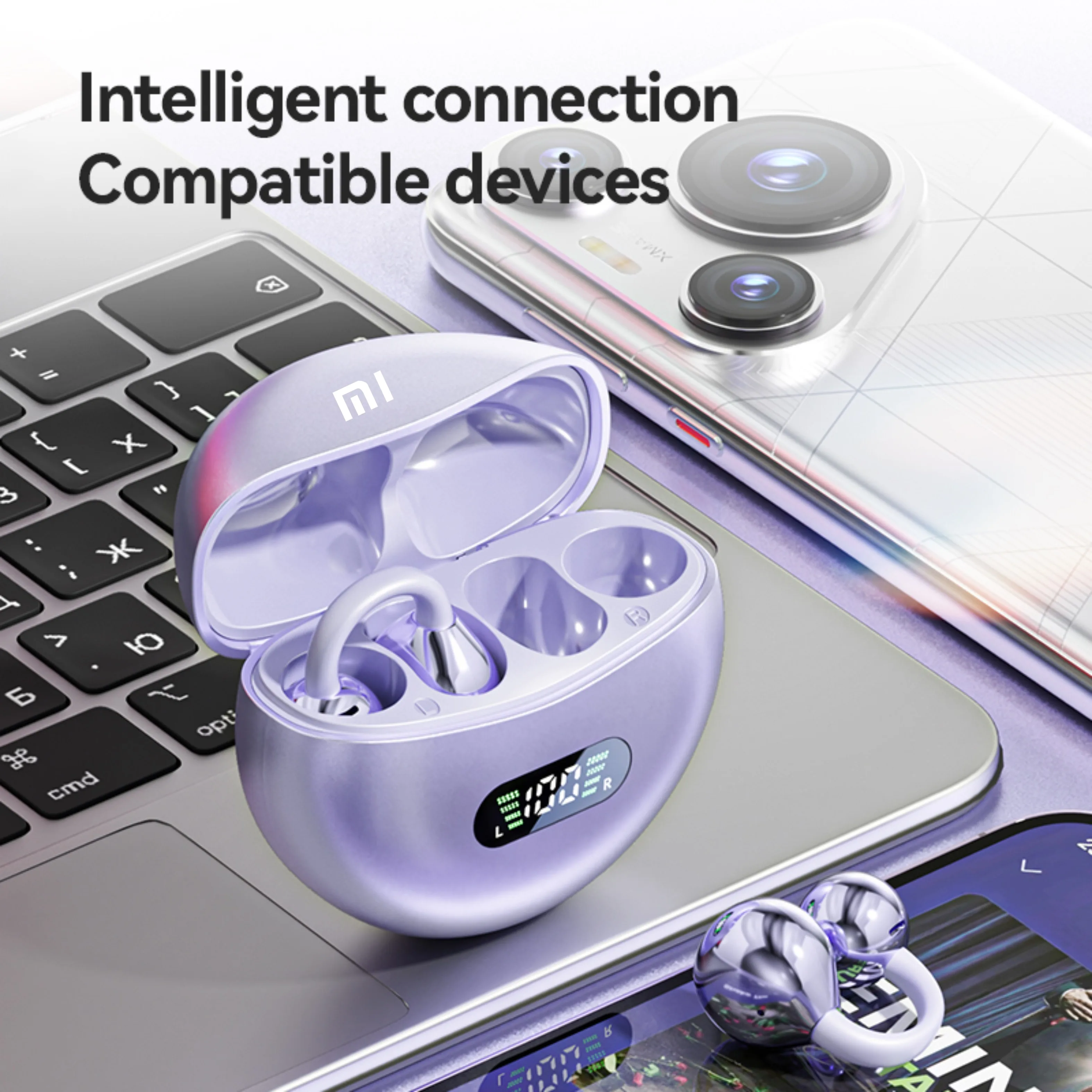 Xiaomi Bluetooth-Kopfhörer mit Clip-On-Ohrhörern LED Bluetooth 360 ° Clip-On-Sport-Funkkopfhörer, lange Akkulaufzeit, nicht im Ohr