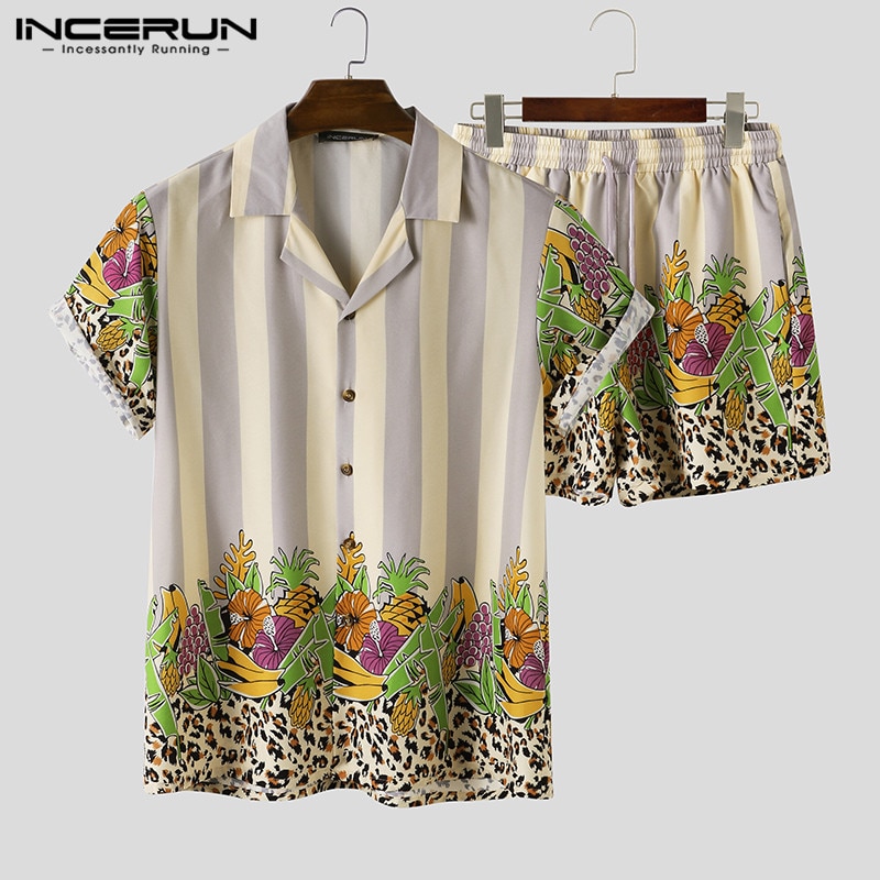 INCERUN, conjuntos Hawaianos para hombres, Impresión de playa, verano , camisa de solapa de manga corta, pantalones cortos, 2 piezas, ropa de calle, conjuntos para hombre