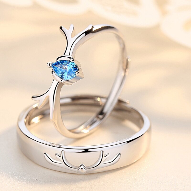 Anillos ajustables con cuernos de alce de cristal azul, cuerno de venado, anillos para parejas de amantes del circón para mujeres y hombres, de joyería para boda