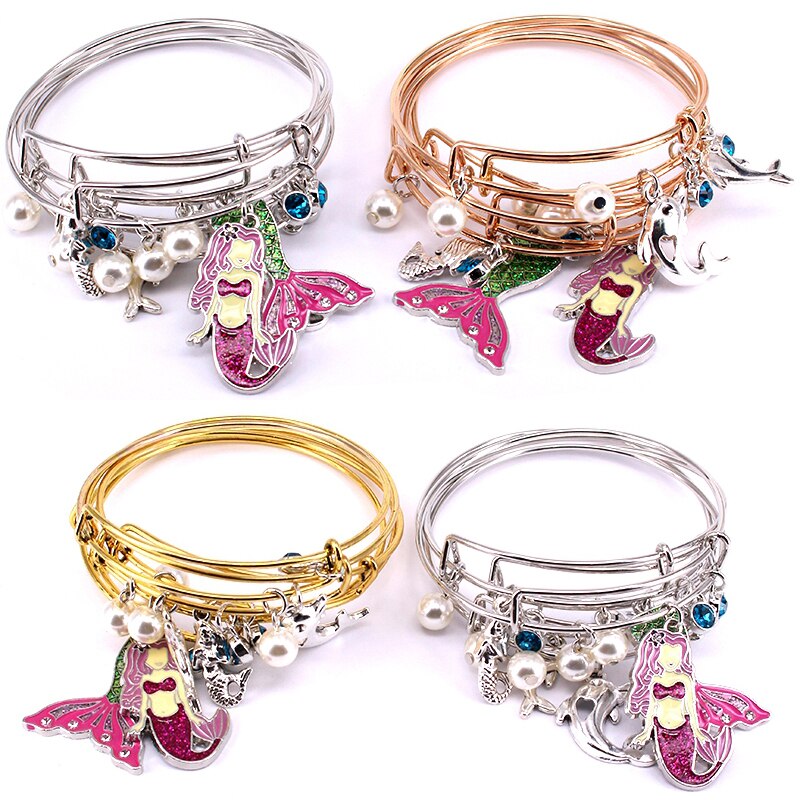 5Pcs Bangle Set Draad Armbanden Voor Vrouwen Meisjes Juwellen Imitatie Parels Mermaid Geboortesteen Bedels Armbanden Manchet Jewlery C043