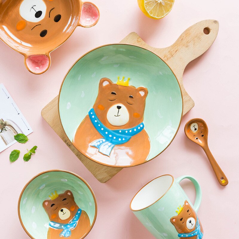 Ceramic Children Plate Tableware Household Cute Cartoon Animal Baby Dinner Plate Grid Plate Breakfast Bowl Dinner Set