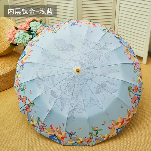 Japanse stijl bloemen paraplu regen vrouwen anti uv zonneparaplu houten handvat drie opvouwbare paraplu's zilveren coating 16k parasols: Blauw-buiten