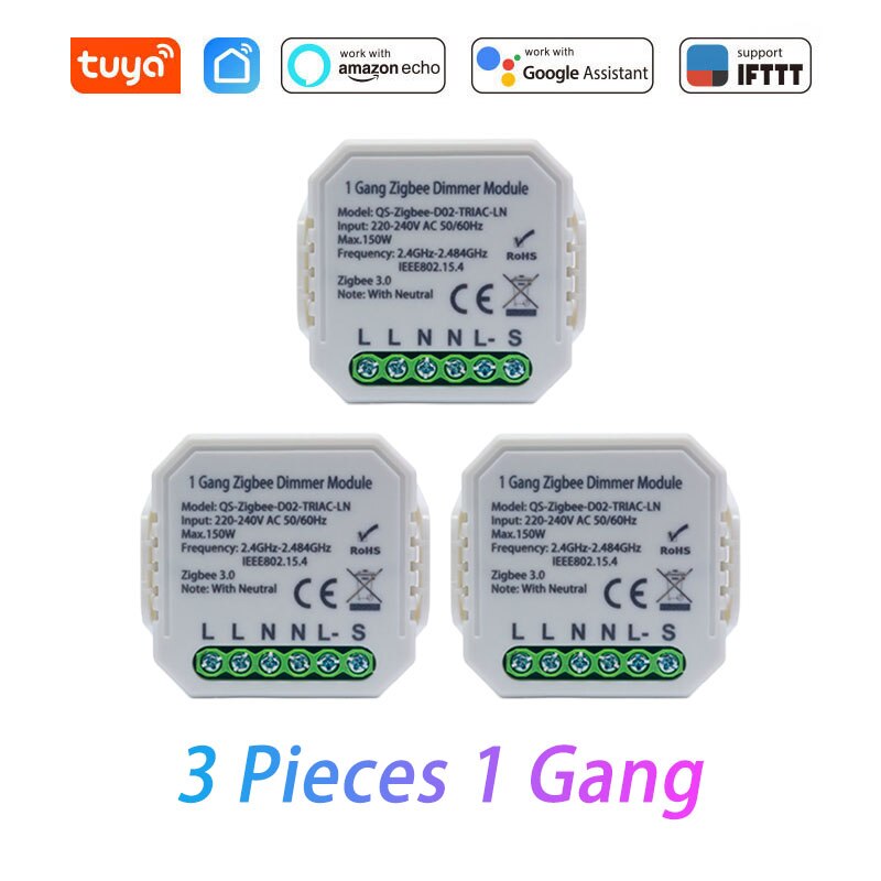 Tuya Zigbee 3.0 Smart Wireless Dimmer Switch Module 1 Gang/2 Gang Remote Control Works With Alexa Google Home Smart Home: 3 Pieces 1 Gang