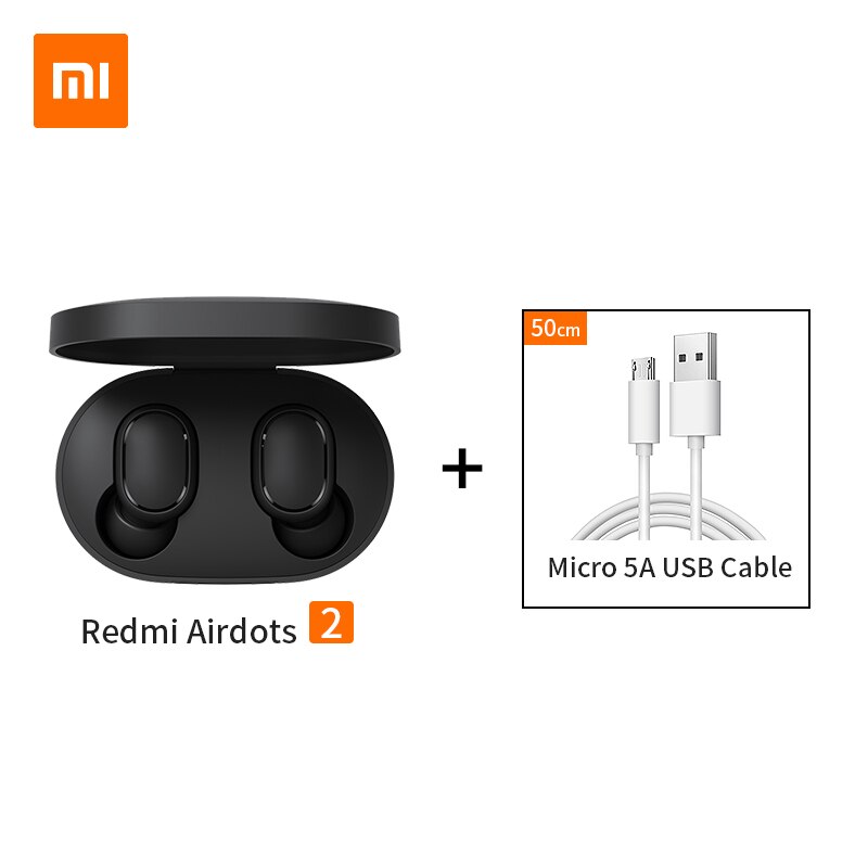 100% Original Xiaomi Redmi Airdots 2 Earbuds AI Control Stereo Bass with Mic Handsfree TWS Wireless Bluetooth 5.0 Earphone: add usb cable