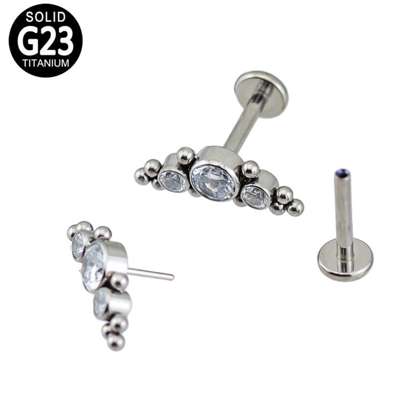 G23 Titanium Push in 3 CZ Blaze Set Clustered Tribal Beads Top Labret Piercings Lip Stud Ring Ear Helix Tragus Cartilage Jewelry