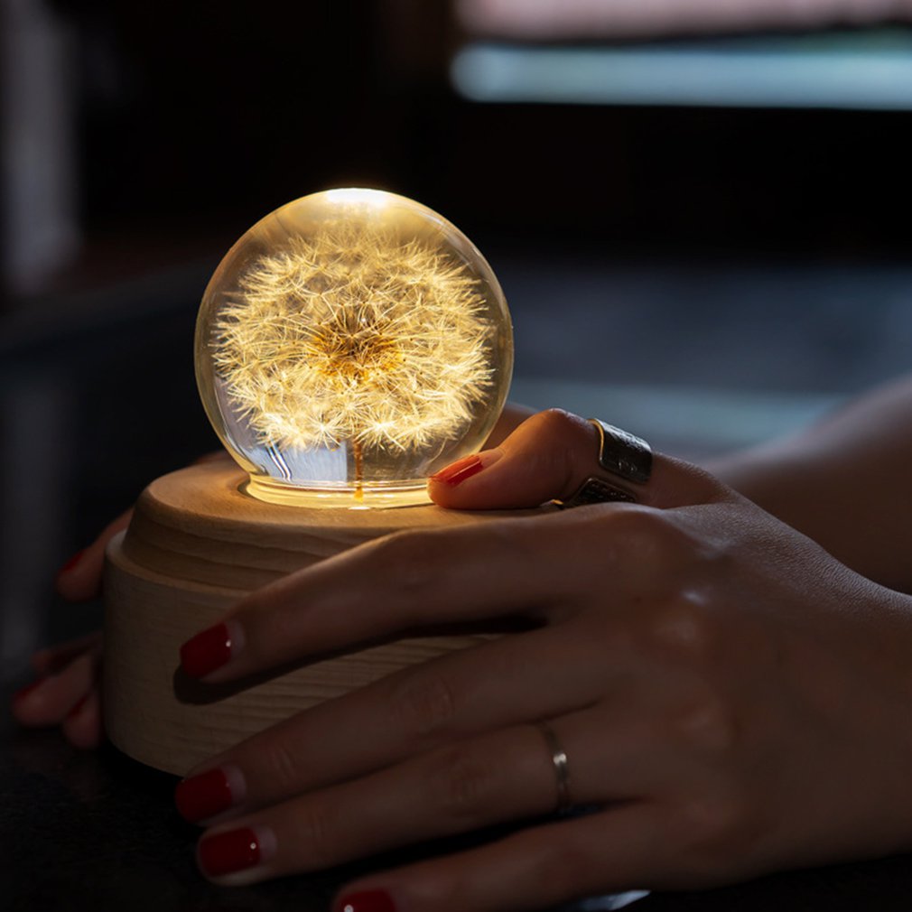 Luminous Dandelion Crystal Ball Music Box Birthday Eternal Flower Music Box Wooden Base Music Box
