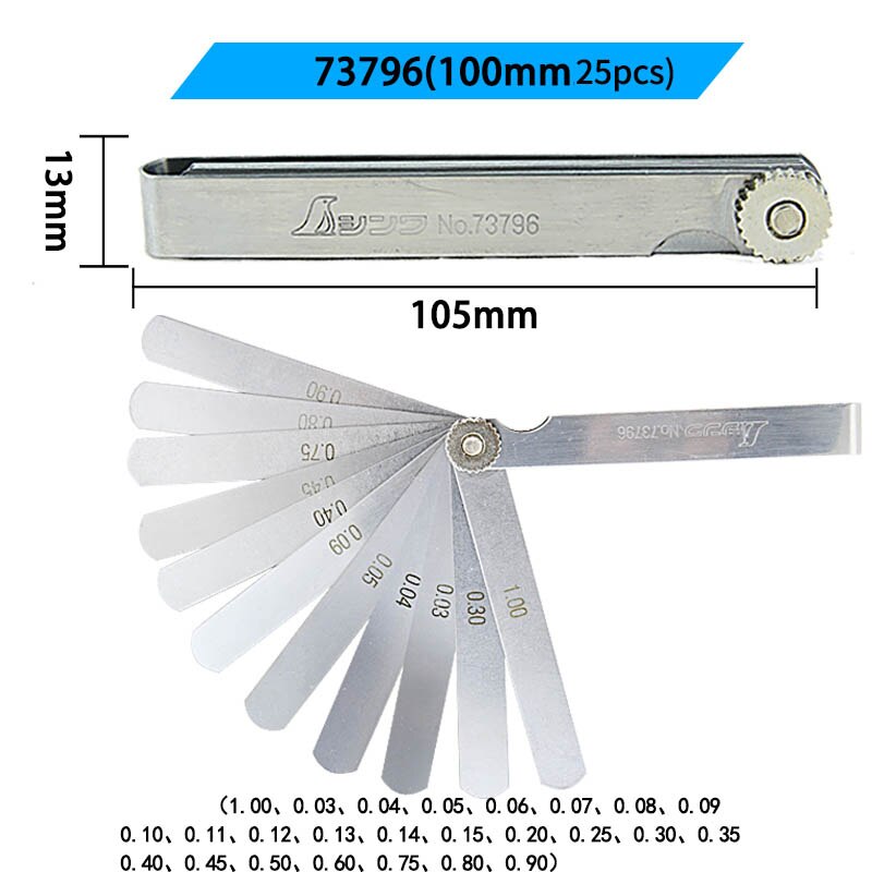Shinwa følermåler gap linjal rustfritt stål tykkmåler tykkelsesmåler høy presisjon 0.02-1.0mm 75mm 9 stk